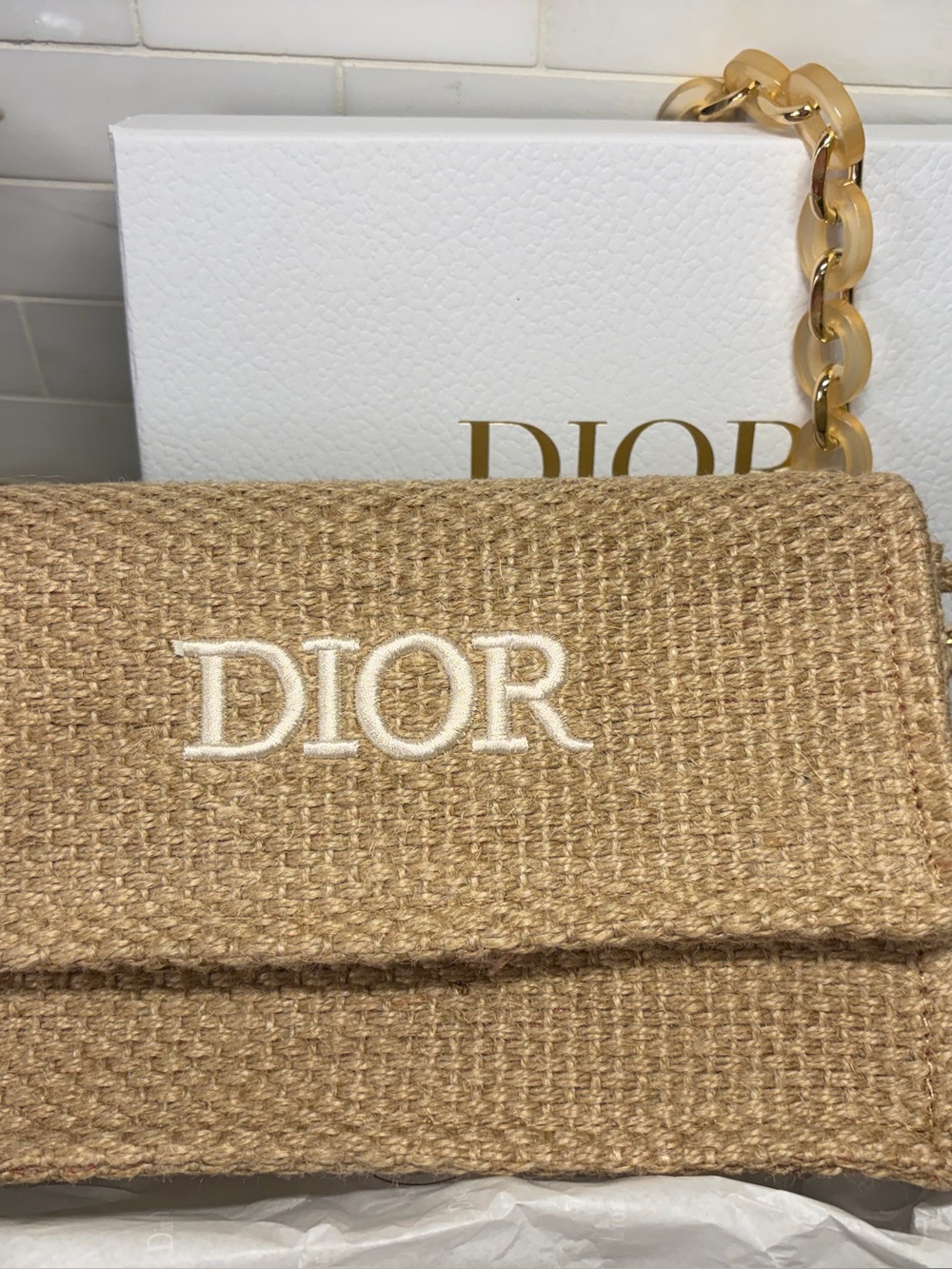 Dior GWP Beige Woven Canvas Logo Clutch with Gold Chain- NEW never been worn